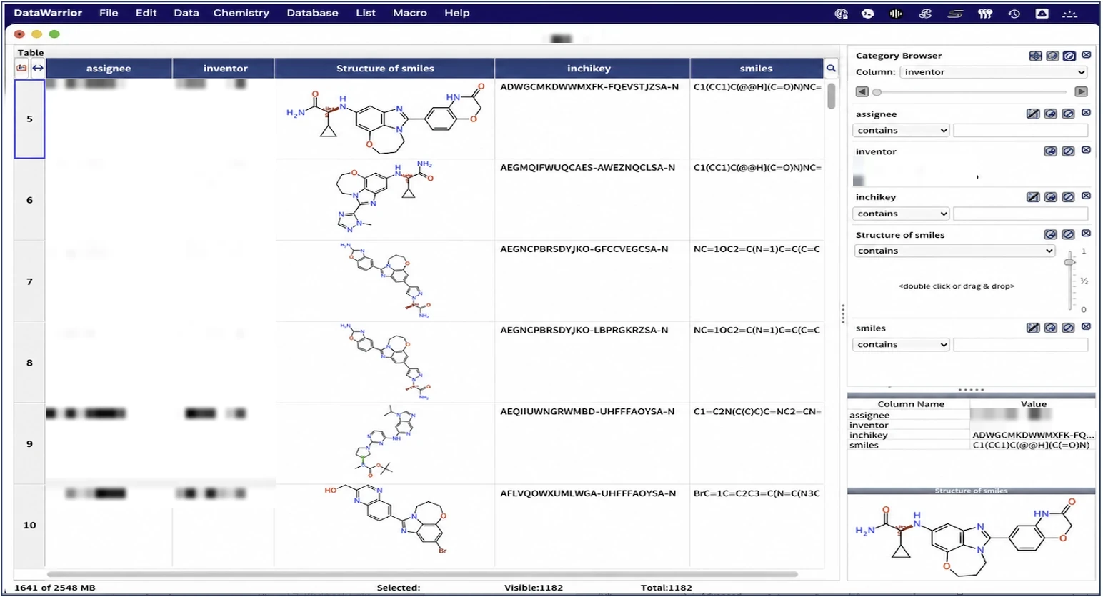 DataWarrior table of inventor compounds in claims