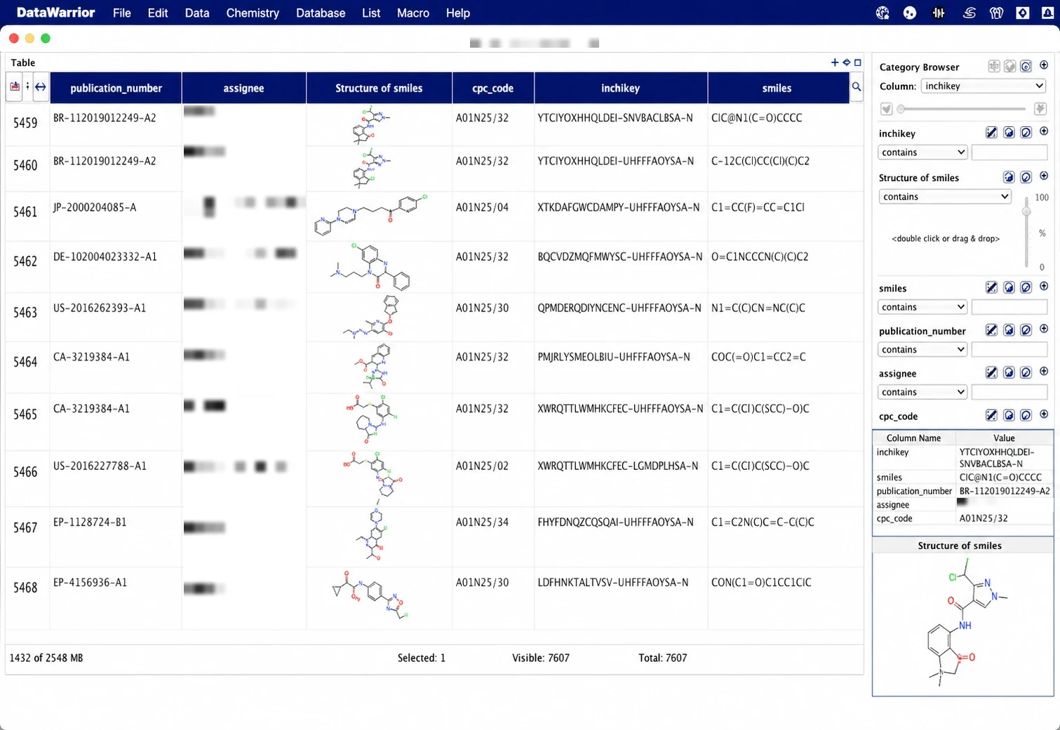 DataWarrior table of compounds in Company C patent claims with CPC A01N25