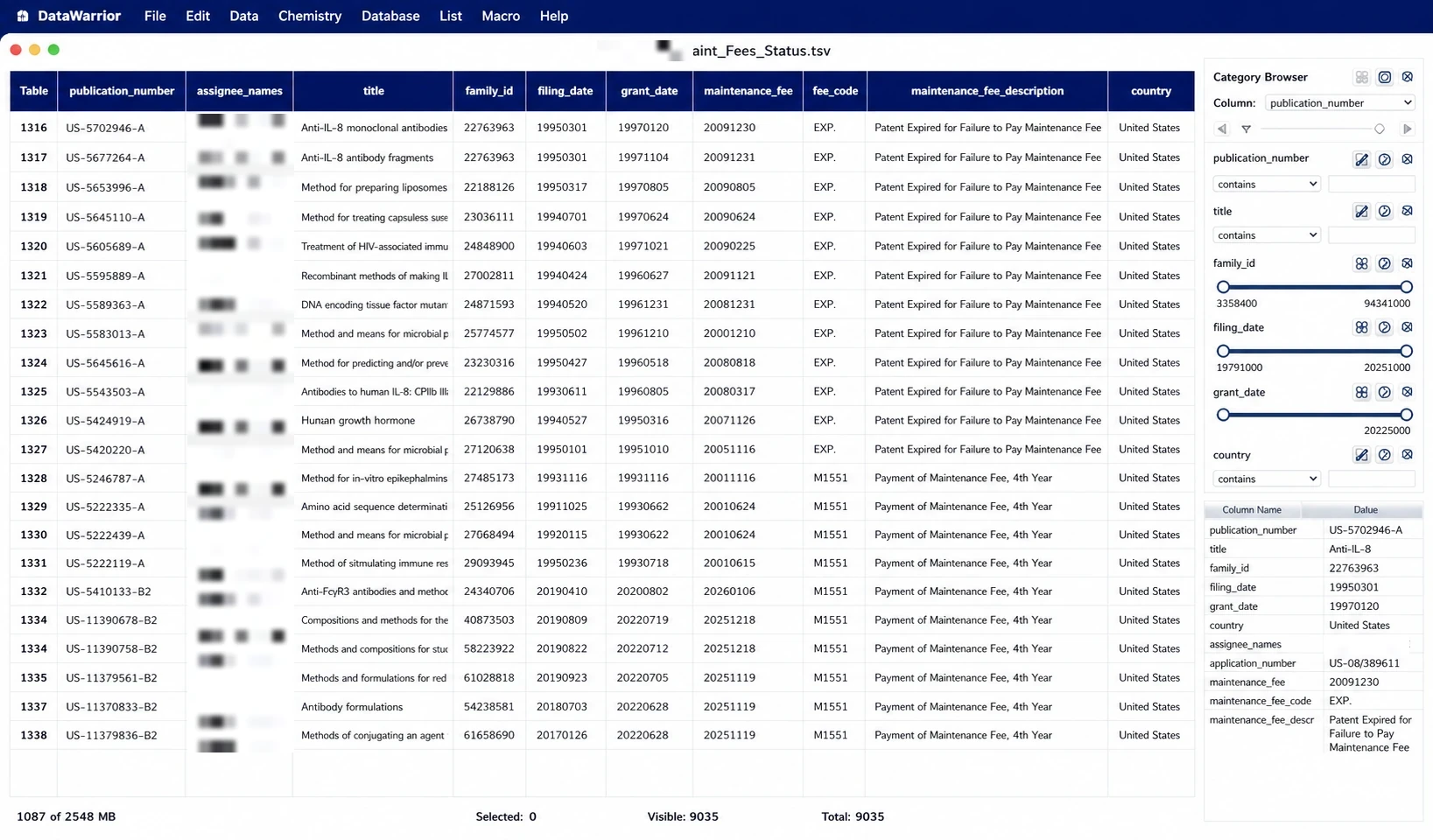 DataWarrior table of Company B US patent maintenance-fee records